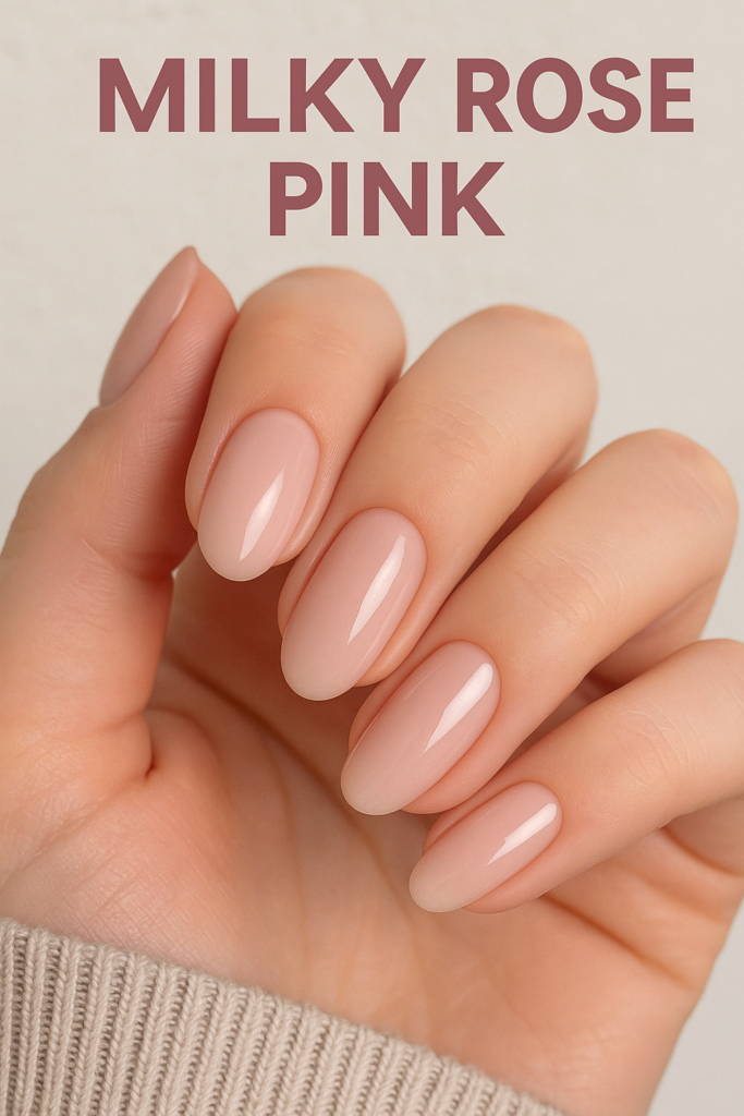 Milky rose pink nail polish on short round nails