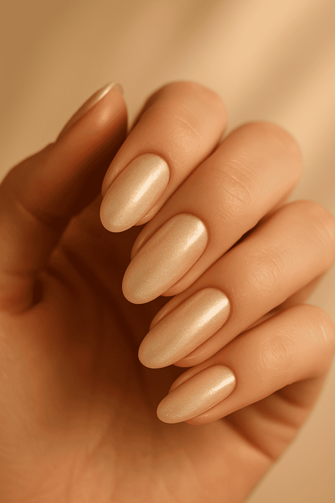 Champagne shimmer beige nails with soft lighting