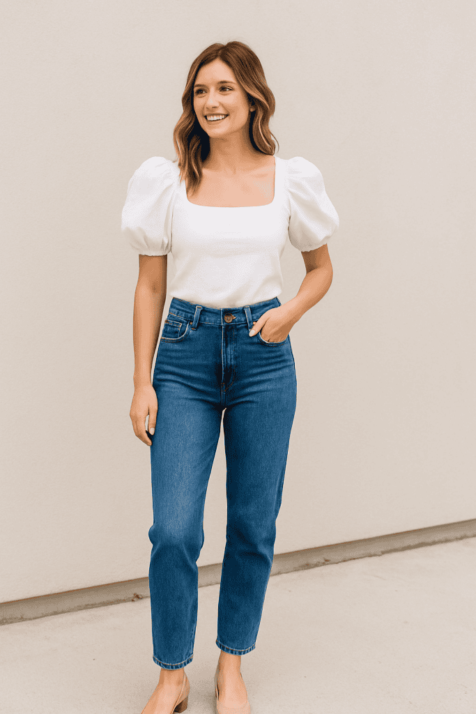 Woman wearing high-waisted jeans and puff sleeve top
