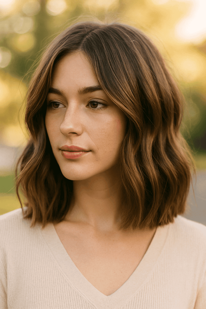 Shoulder-length lob with soft waves and sunlit background