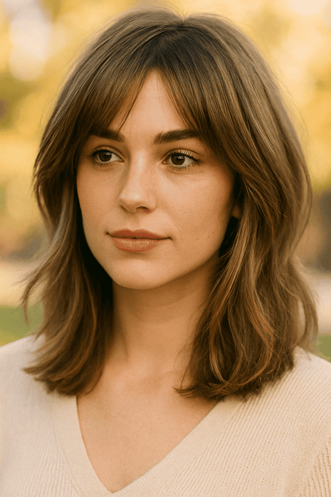 Medium hair with feathered layers and curtain bangs