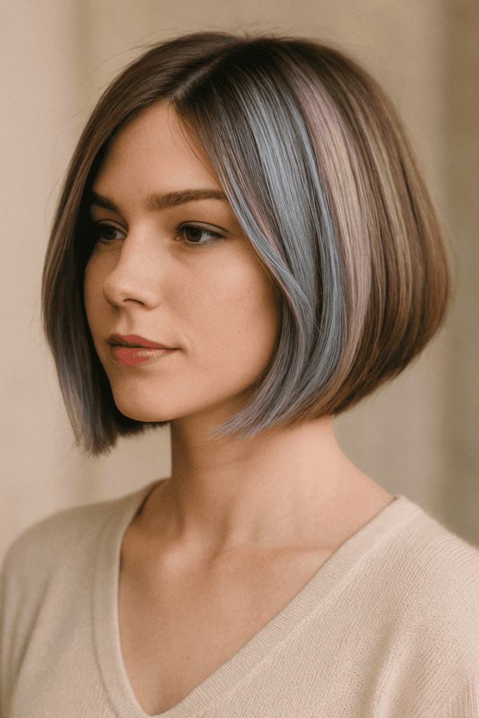 Modern asymmetrical bob with pastel highlights