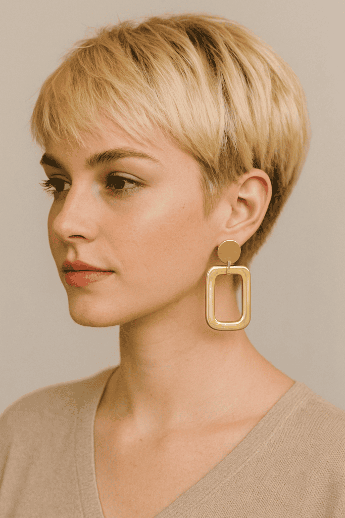 Blonde pixie cut with side-swept bangs and statement earrings