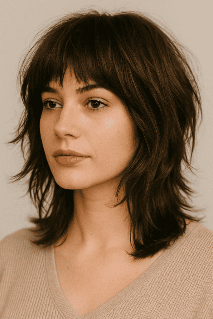 Tousled shag haircut with bangs on brunette hair