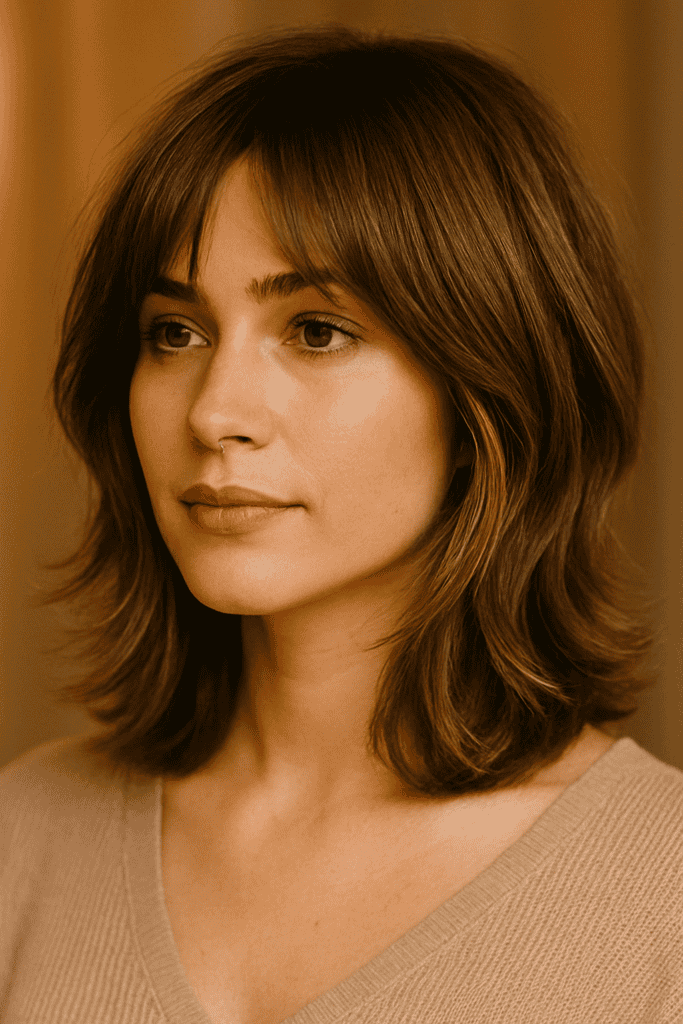 Layered bob with curtain bangs and warm lighting