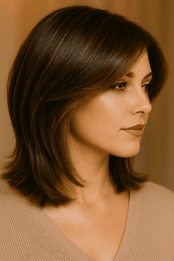 Angled layered haircut with blowout and shine spray