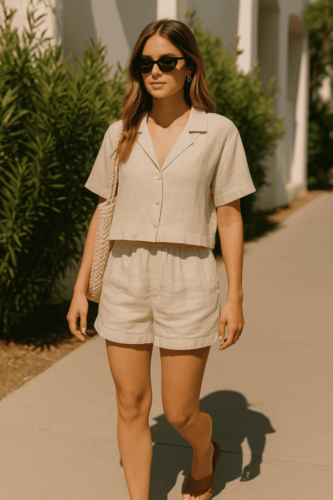 Linen co-ord set with slide sandals and sunglasses