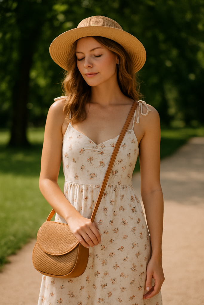 Woman in sundress with straw hat and crossbody bag