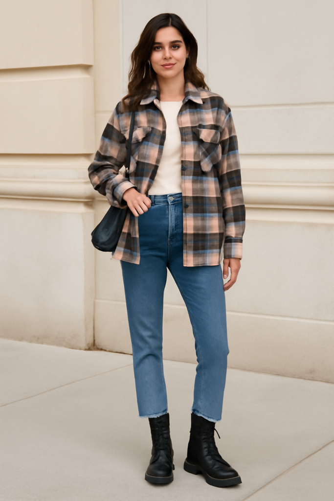 Plaid shacket outfit with jeans and combat boots