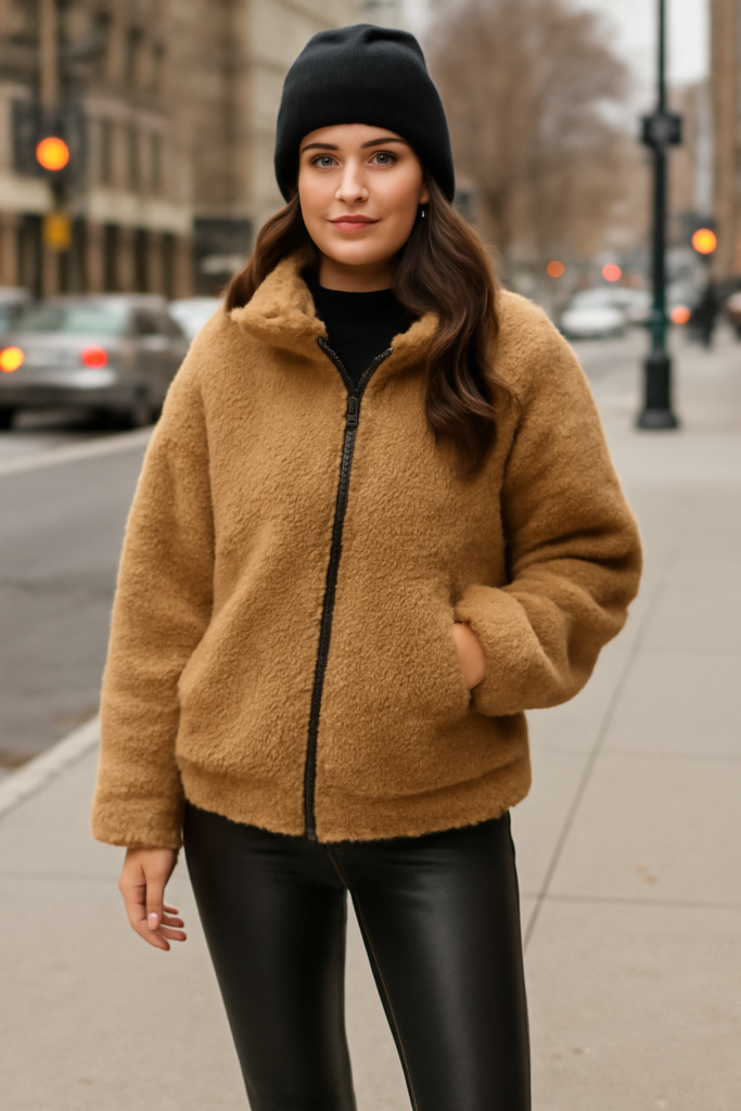 Teddy jacket with beanie and leather leggings
