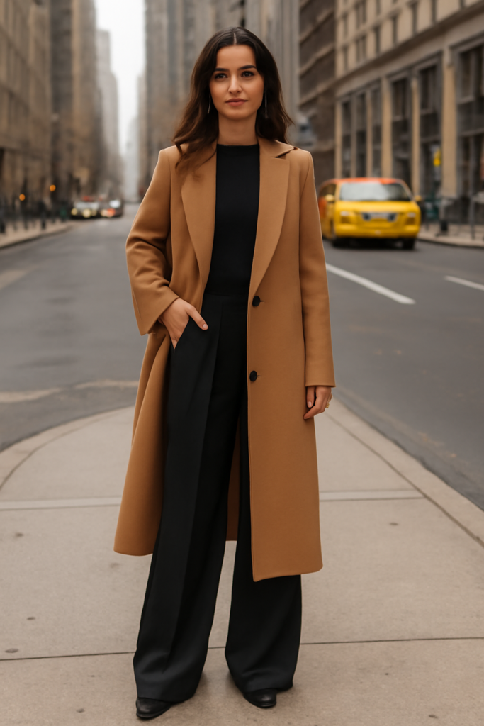 Wool coat with wide-leg pants in urban setting