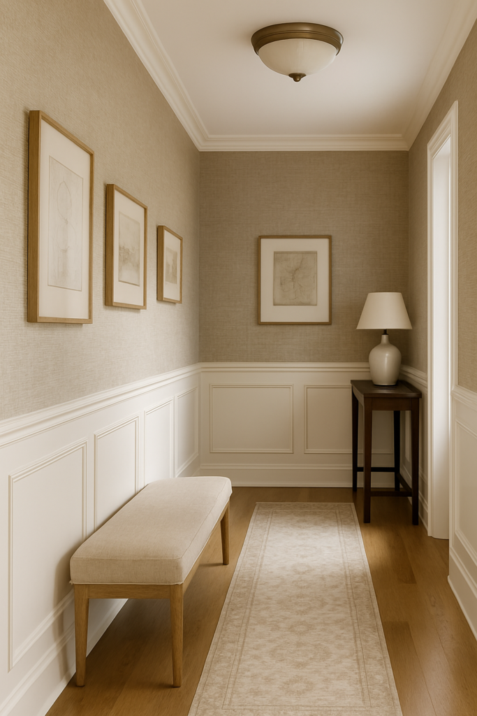 Hallway with textured neutral wallpaper and framed art
