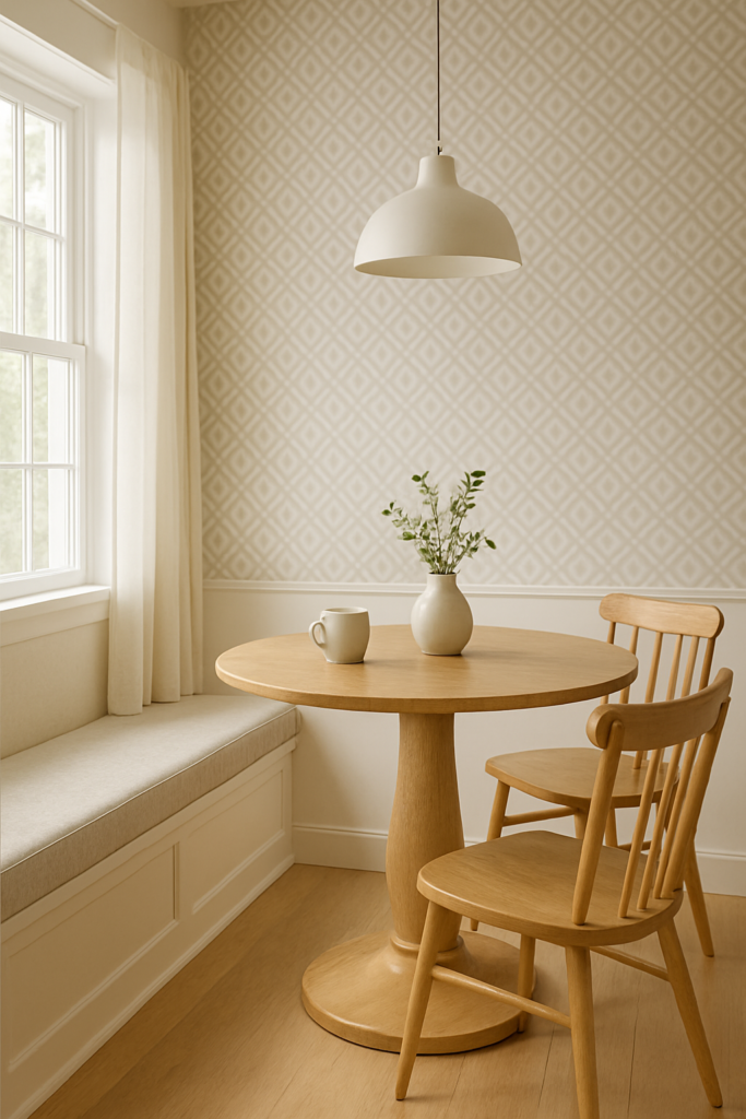 Breakfast nook with geometric wallpaper and natural wood table