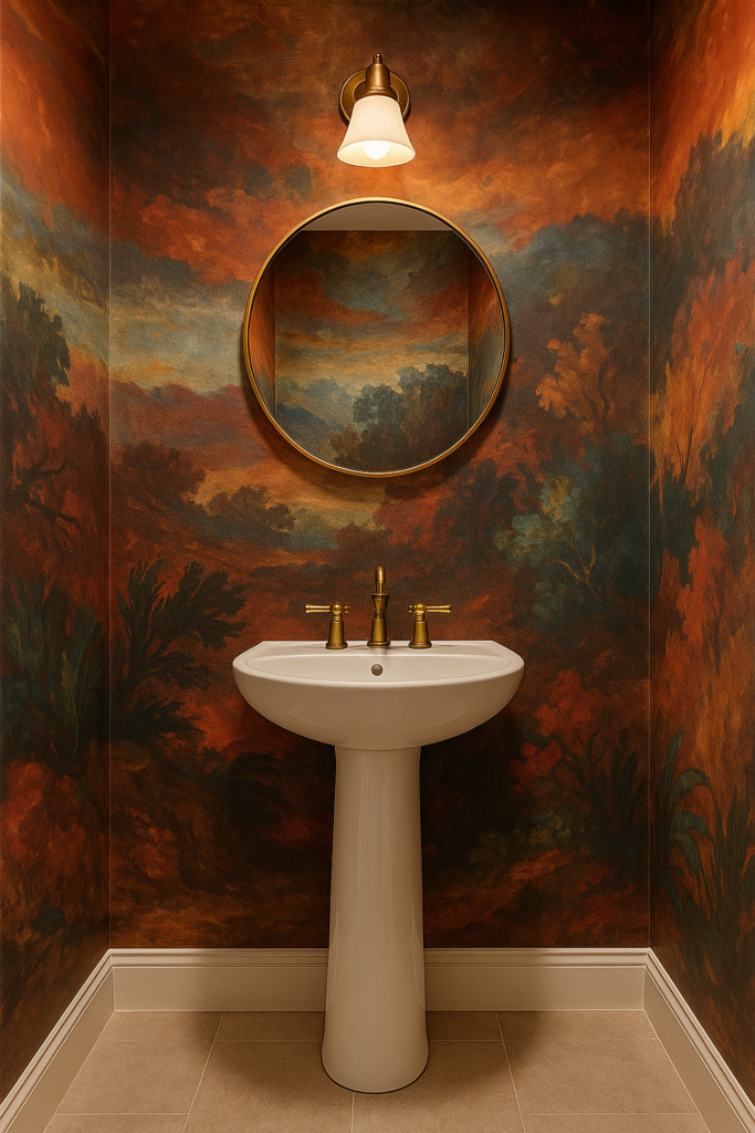 Small powder room transformed by bold mural wallpaper