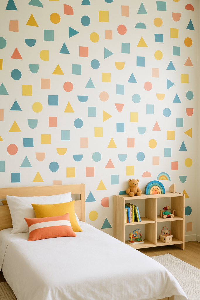 Kids’ bedroom wallpaper with colorful geometric shapes