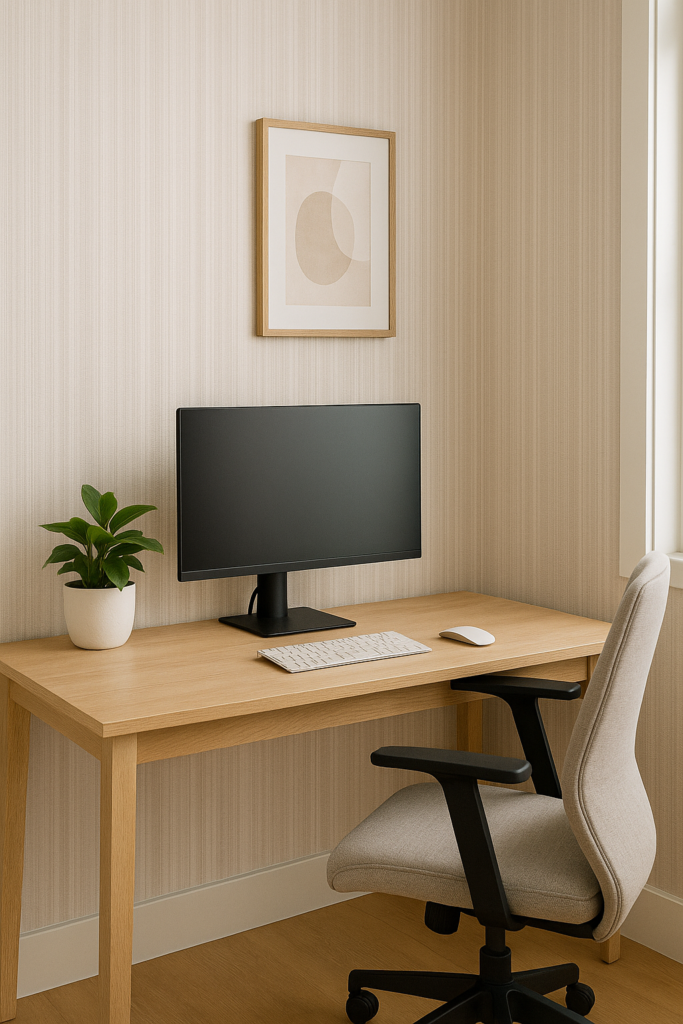 Home office with subtle striped wallpaper behind desk setup