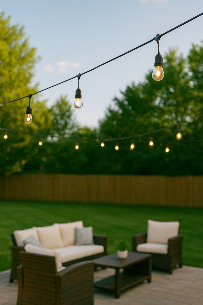 String lights hanging over a backyard patio during an outdoor party.