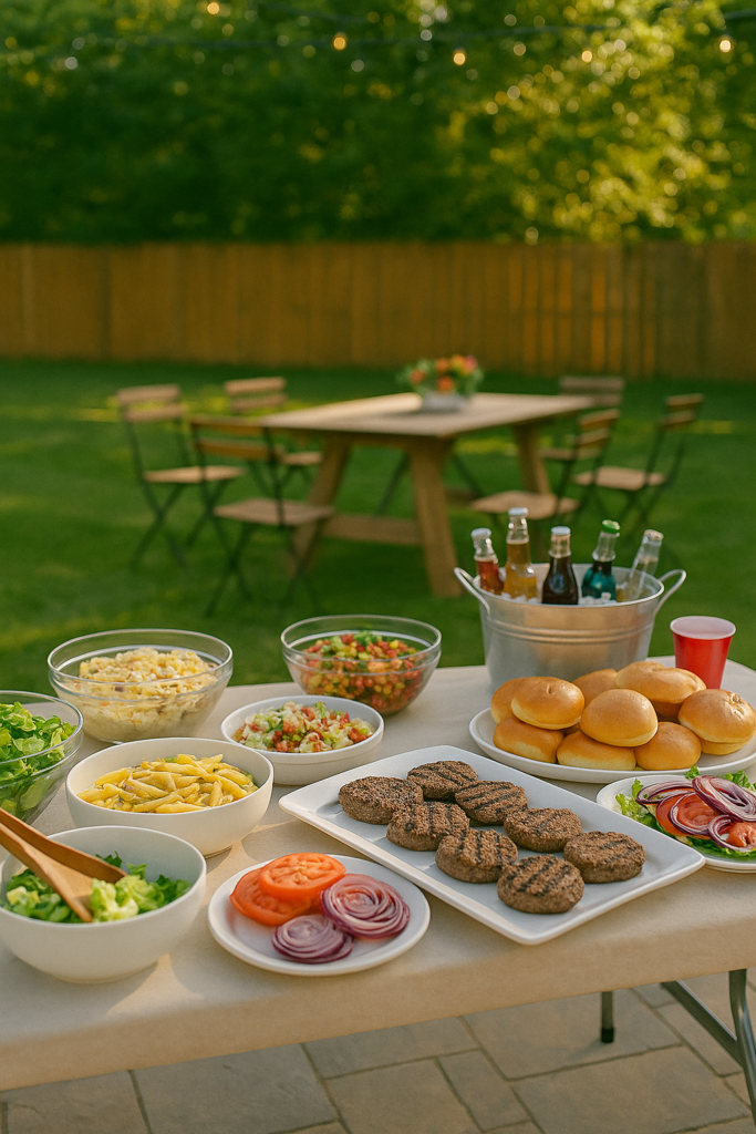 Outdoor buffet with grilled burgers, salads, and cold drinks at a USA summer party.