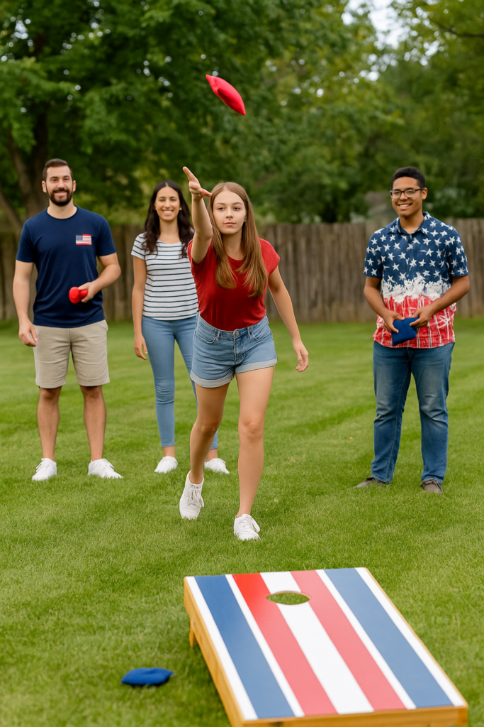  Friends playing cornhole game during a backyard party in the USA.