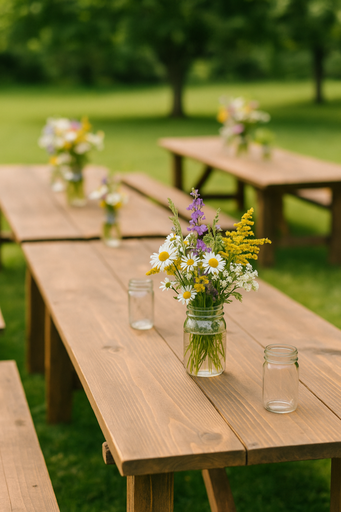  Rustic outdoor party décor with mason jars and wildflowers on wooden tables.