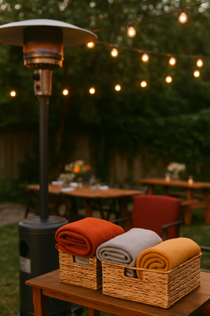  Patio heater and cozy blankets set up for a chilly evening outdoor party.