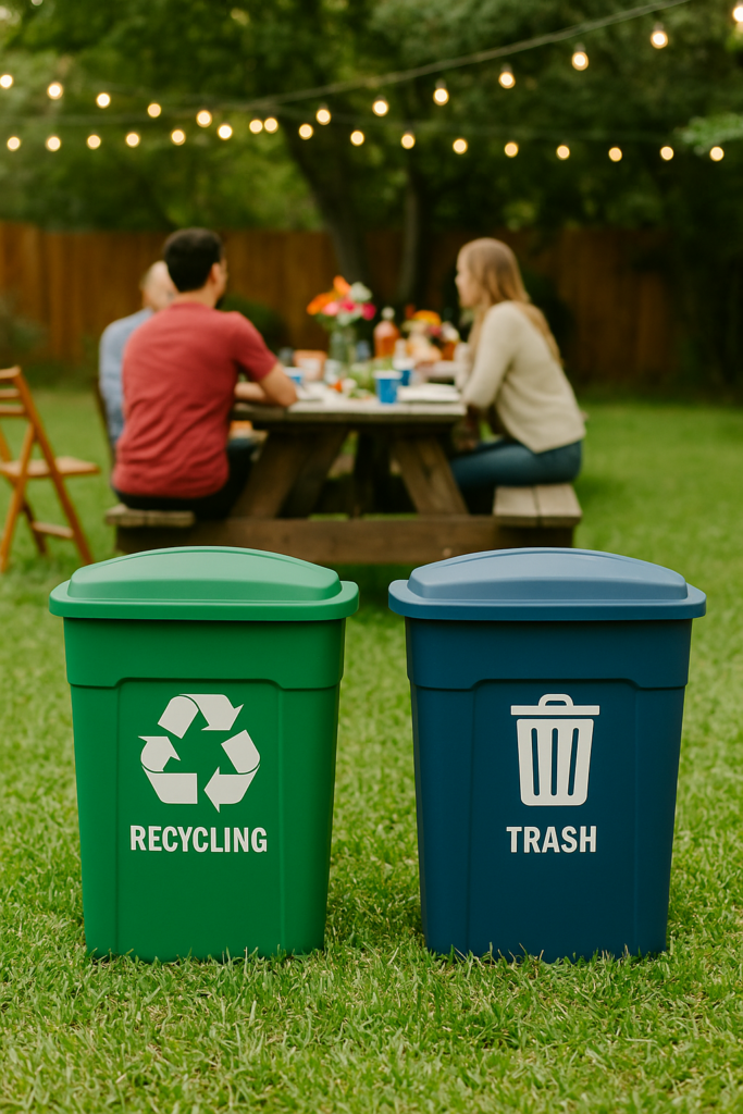  Recycling and trash bins set up at a backyard party for easy cleanup.