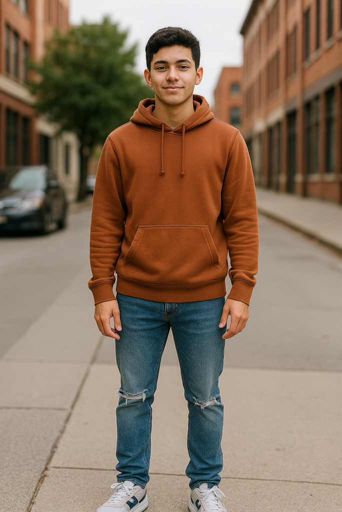 Male student wearing hoodie, ripped jeans, and sneakers for a casual first day of school outfit.