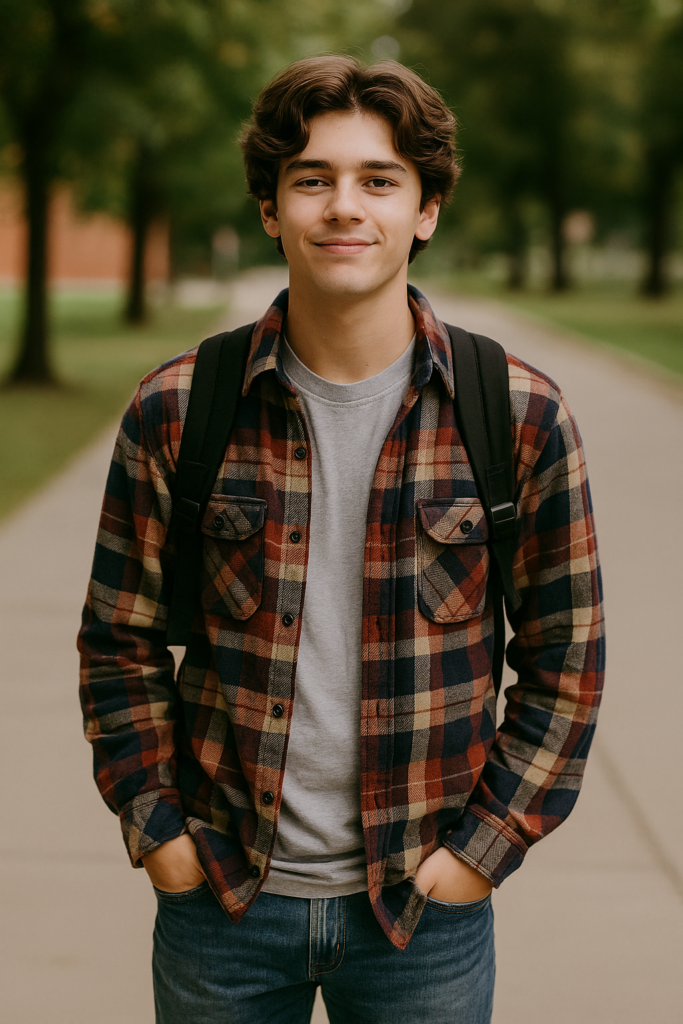 Student wearing flannel shirt layered over t-shirt with jeans for a laid-back first day of school outfit.