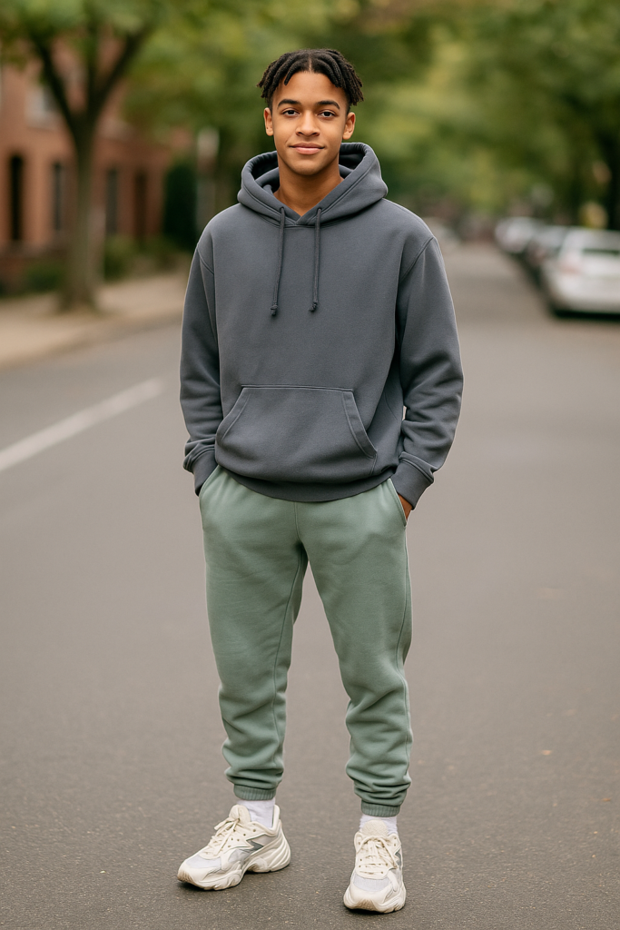 Student in joggers, oversized hoodie, and chunky sneakers for a trendy streetwear first day of school outfit.