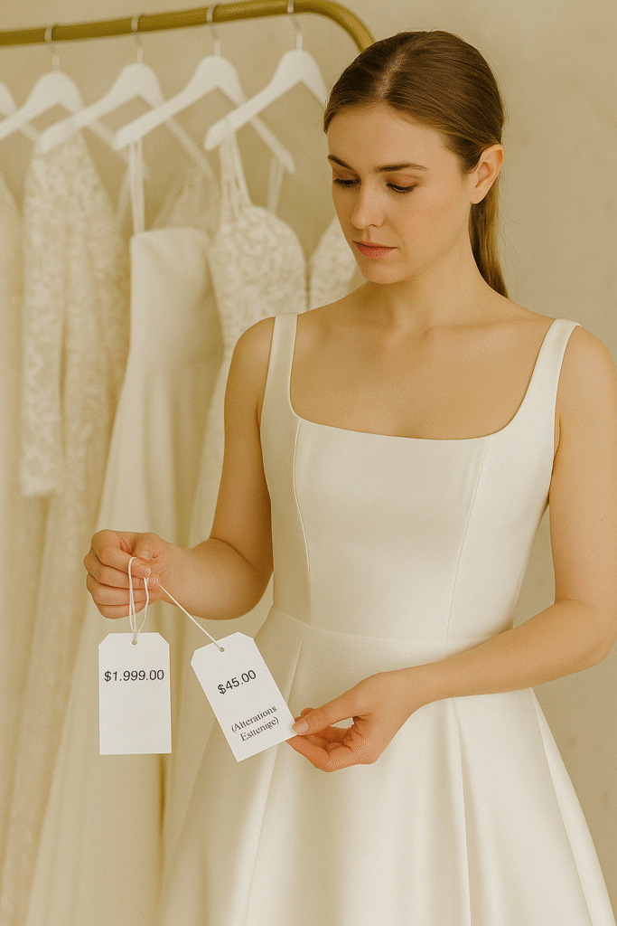 Bride comparing wedding dress prices and alteration costs in a USA boutique