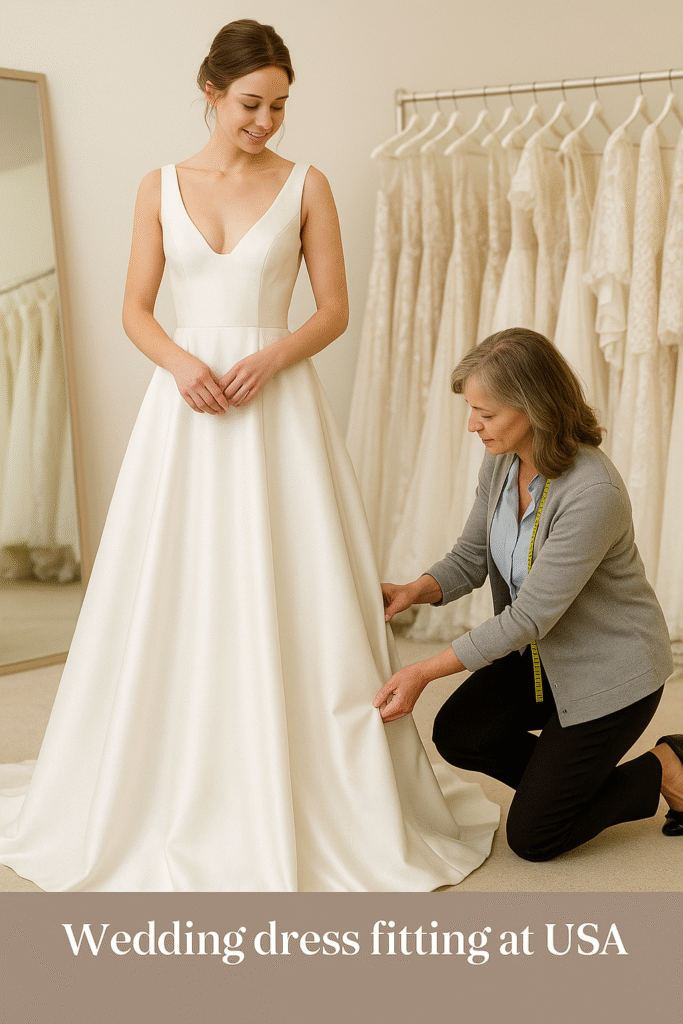 Wedding dress fitting at USA bridal salon with tailor pinning hem