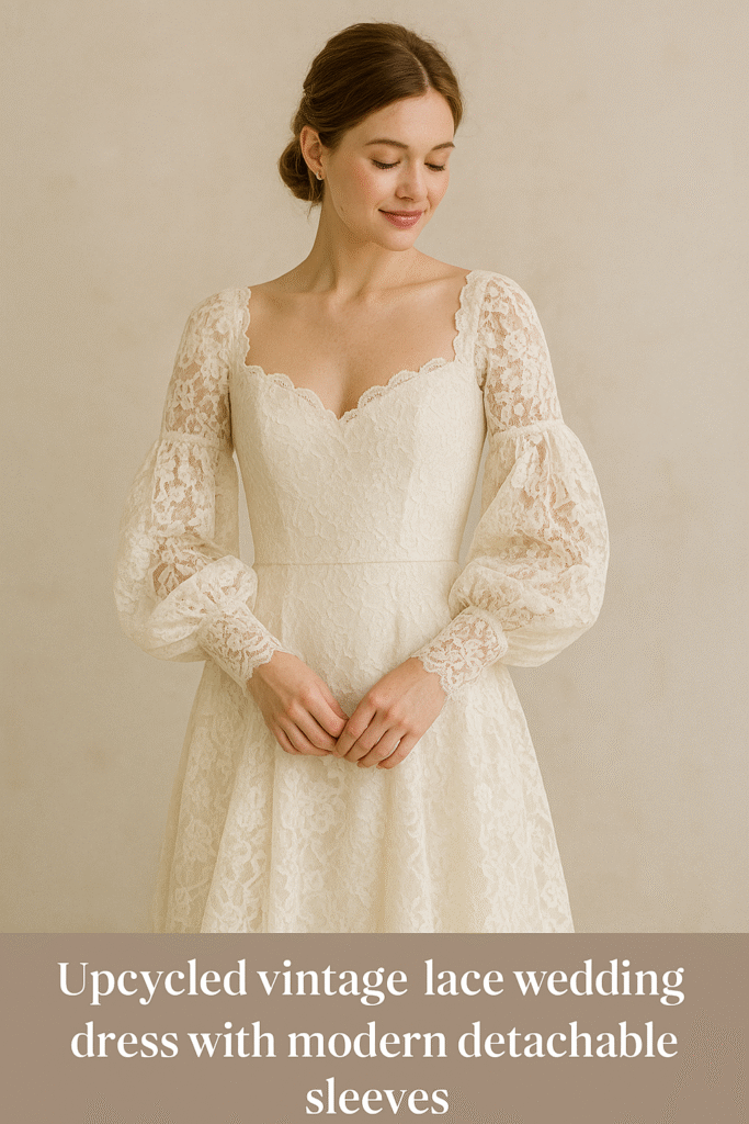 Upcycled vintage lace wedding dress with modern detachable sleeves