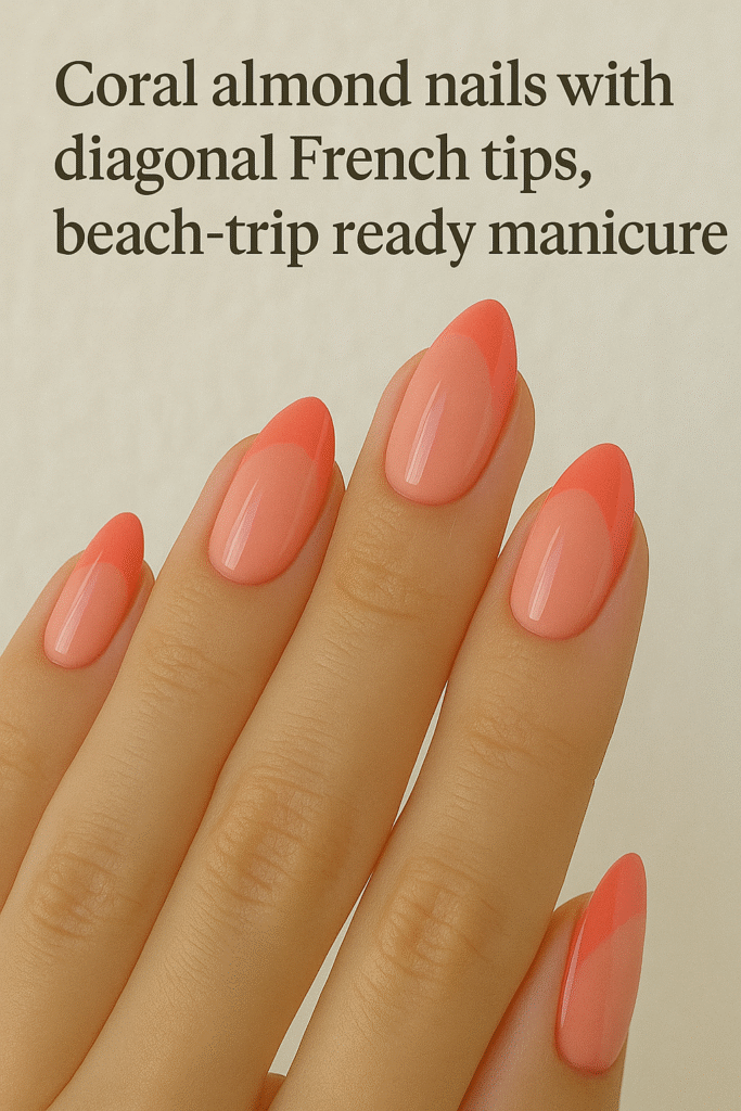 coral almond nails with diagonal french tips, beach-trip ready manicure