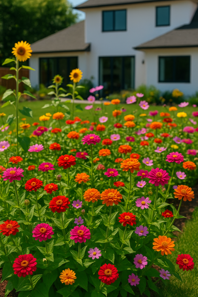 Colorful backyard cut-flower bed in the USA filled with zinnias, sunflowers, and cosmos ready for home bouquets.