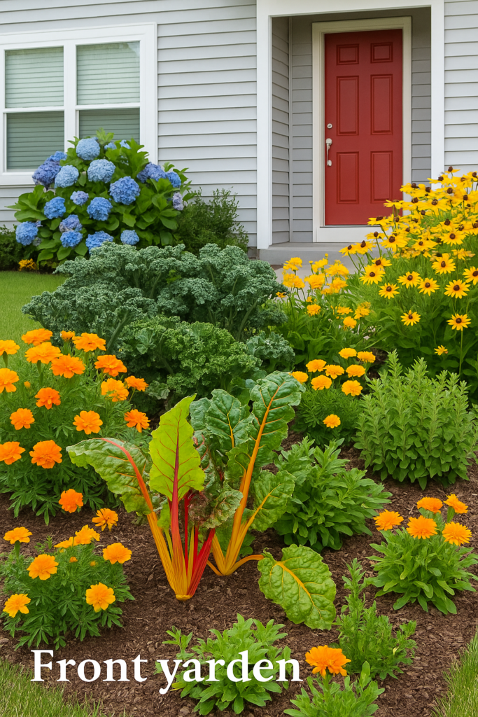 Front yard edible landscape design in the USA mixing rainbow chard, kale, herbs, and ornamental flowers for curb appeal.
