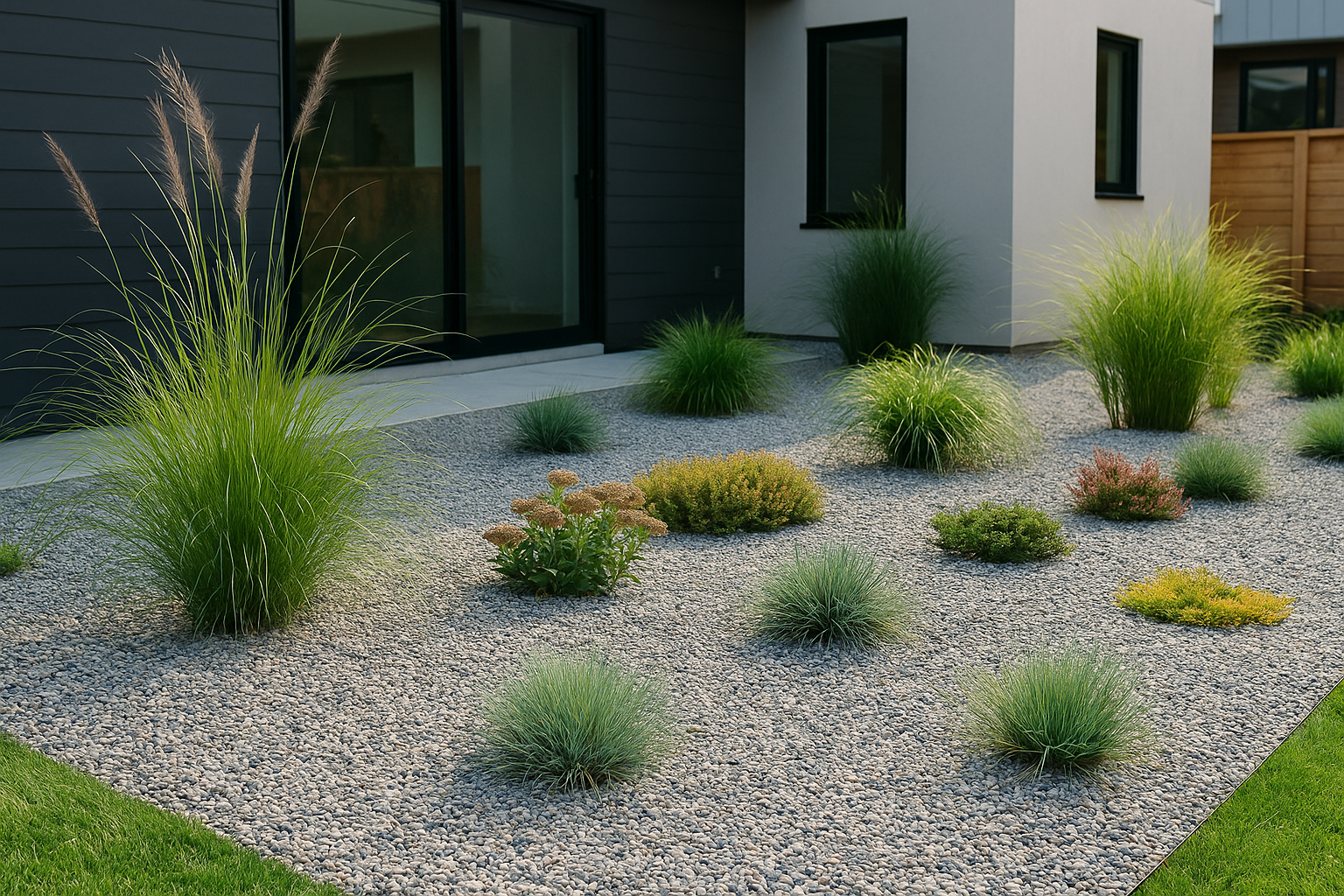 Modern gravel garden in an American backyard with ornamental grasses, sedum, and drought-tolerant perennials.