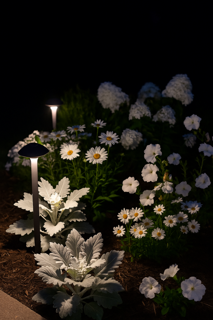 Moon garden in the USA with white flowers and silver-leaf plants glowing under soft outdoor lighting at night.