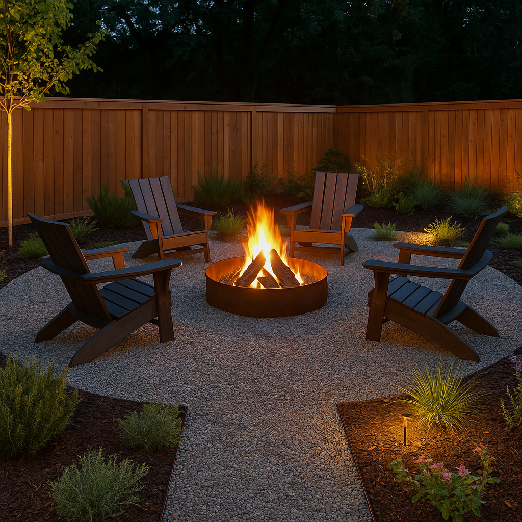 Cozy backyard fire pit area in the USA with gravel base, seating, and drought-tolerant planting pockets around the circle.