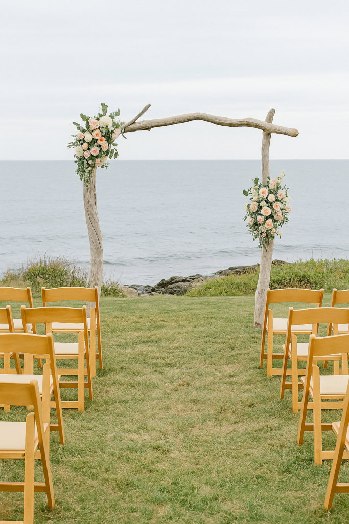 Coastal ceremony in Maine with driftwood arch and pastel florals facing the ocean