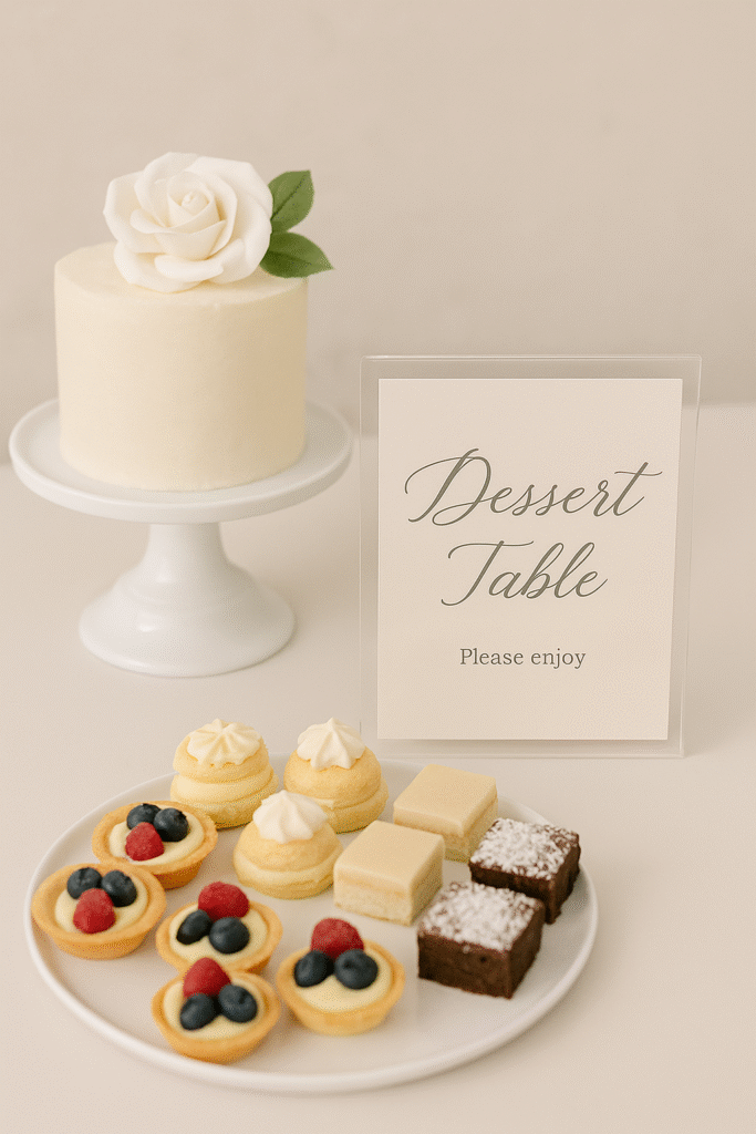 Elegant dessert table with small cutting cake, assorted mini pastries, and personalized signage
