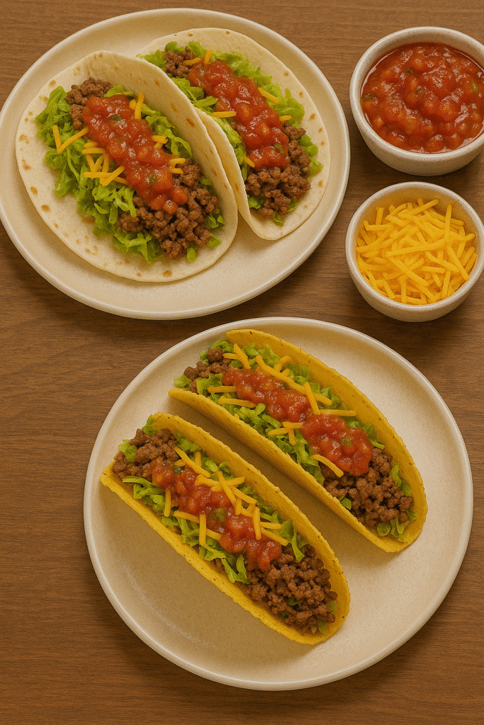 Table with soft and hard tacos filled with beef, lettuce, cheese, and salsa.