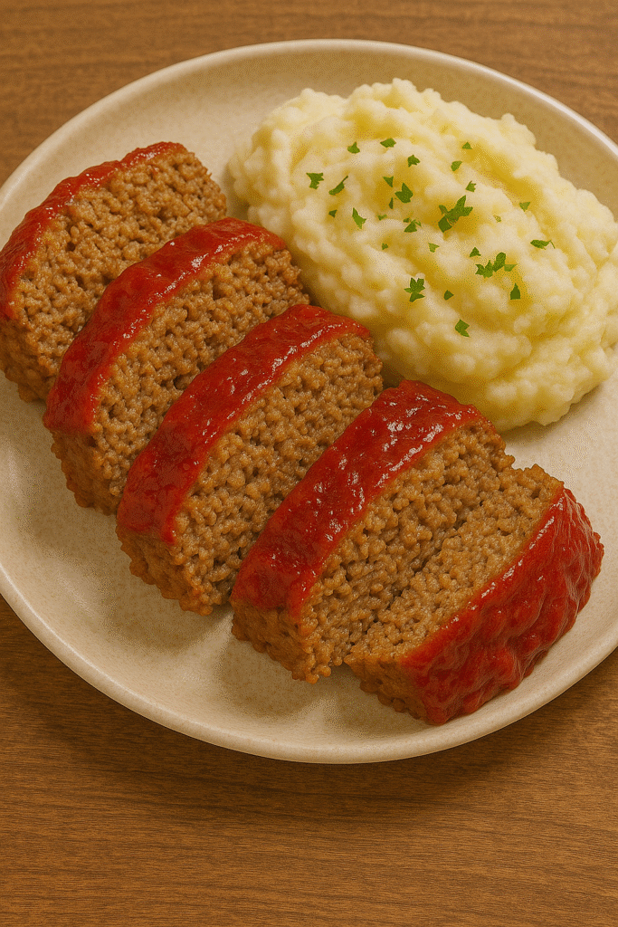 Sliced meatloaf with ketchup glaze served on a plate with mashed potatoes.