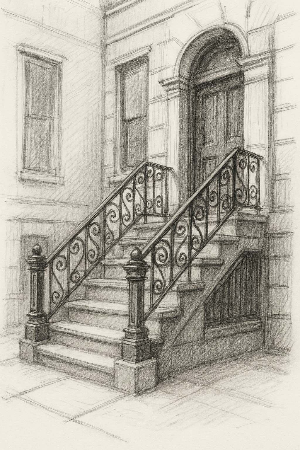 Architectural brownstone steps sketch in perspective, urban drawing ideas for artists in the USA.