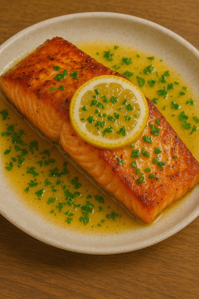 Pan-seared salmon fillet topped with lemon butter sauce and fresh herbs.