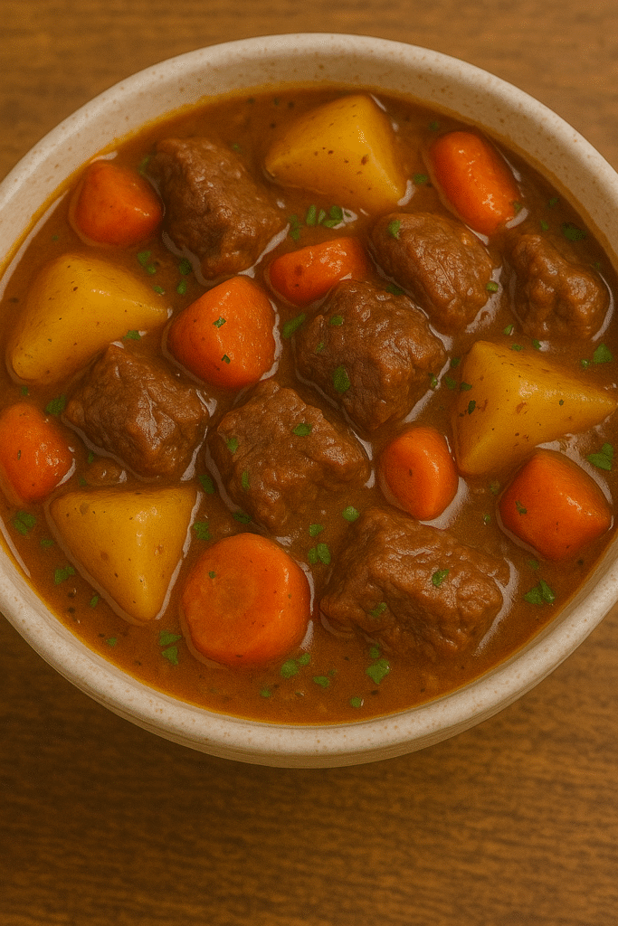 Bowl of slow cooker beef stew with tender beef chunks, potatoes, and carrots.