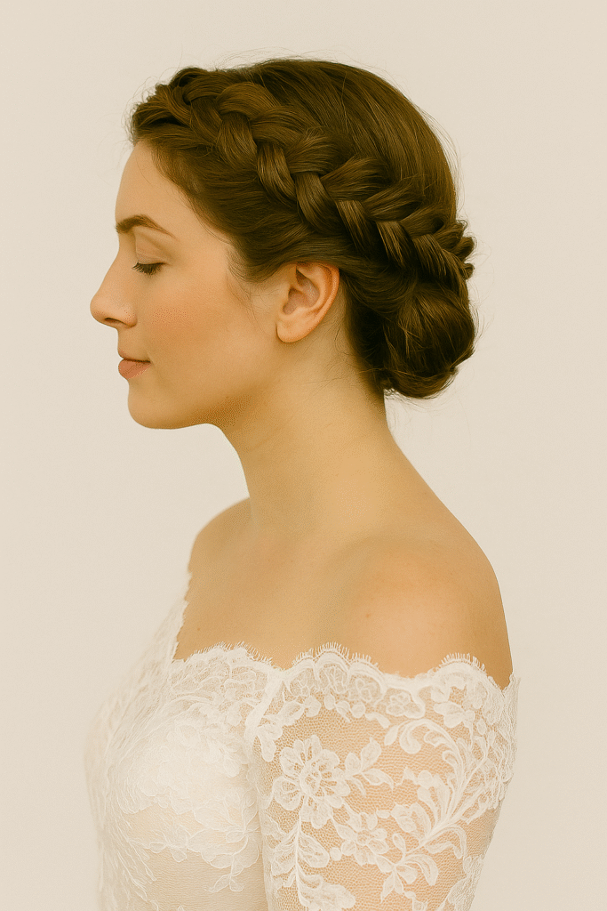 Crown braid hairstyle for weddings and special occasions in the USA.