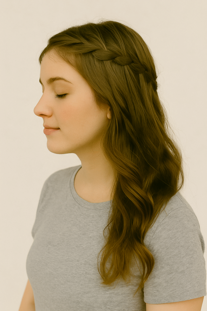 Waterfall braid hairstyle with cascading strands.