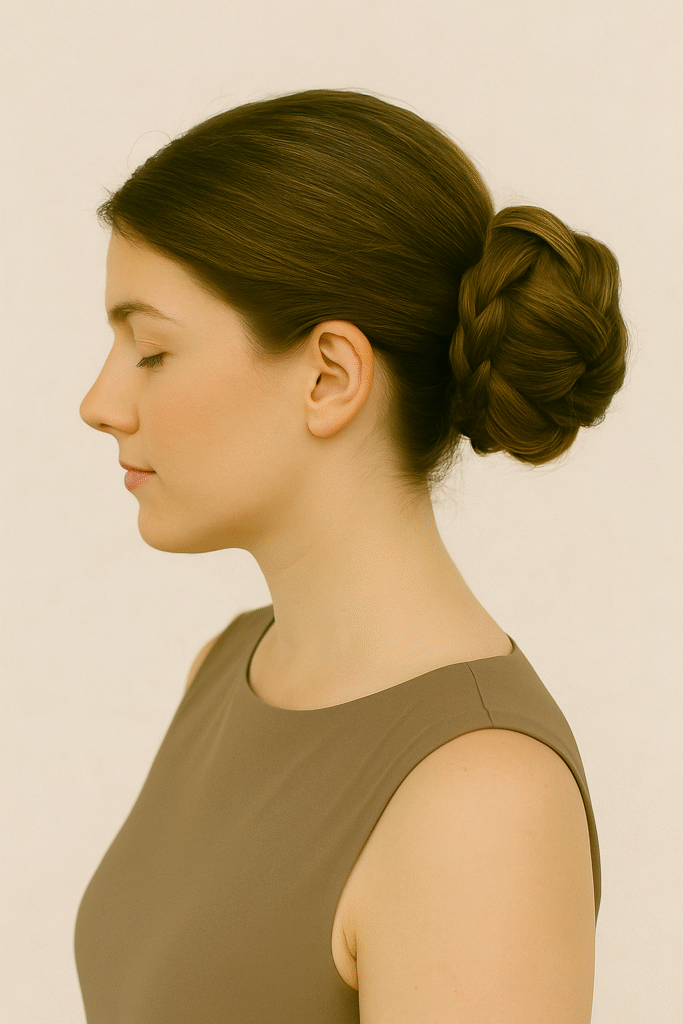 Braided bun hairstyle, elegant choice for formal events.