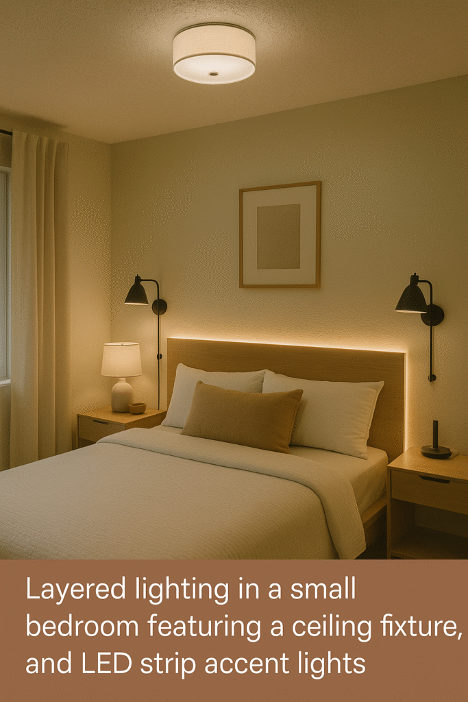 Alt: Layered lighting in a small bedroom featuring a ceiling fixture, bedside task sconces, and LED strip accent lights.