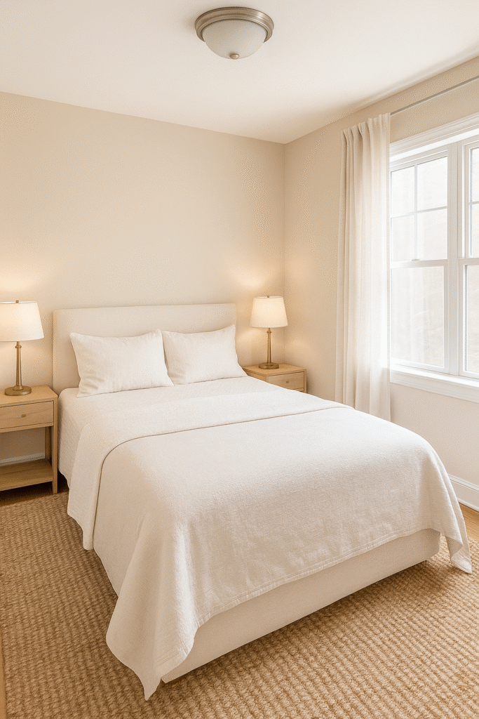 Alt: Light, tone-on-tone bedding with a jute rug and linen curtains to make a small room feel larger.